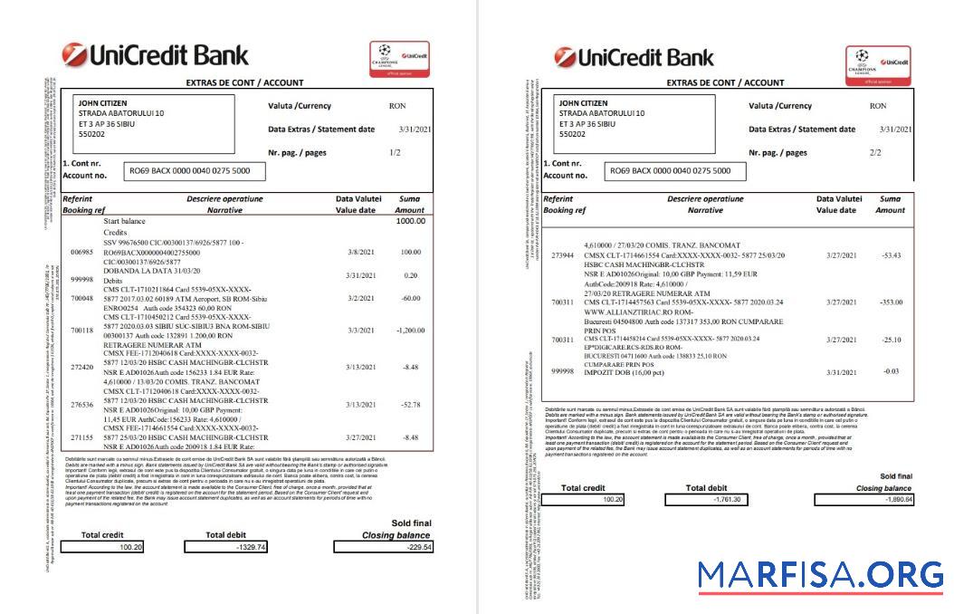 Printable Romania UniCredit bank statement excel 2 pages template